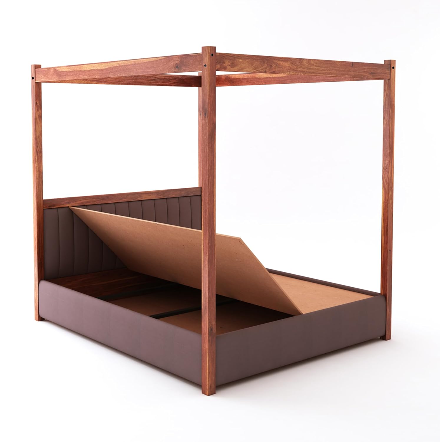 STRATA FURNITURE Solid Sheesham Wood King Size Poster Bed with Box Storage Wooden Upholstered Double Bed for Bedroom Living Room Home (Honey Finish)