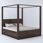 STRATA FURNITURE Solid Sheesham Wood King Size Poster Bed with Storage Wooden Double Bed Furniture for Bedroom Living Room Home (Walnut Finish)
