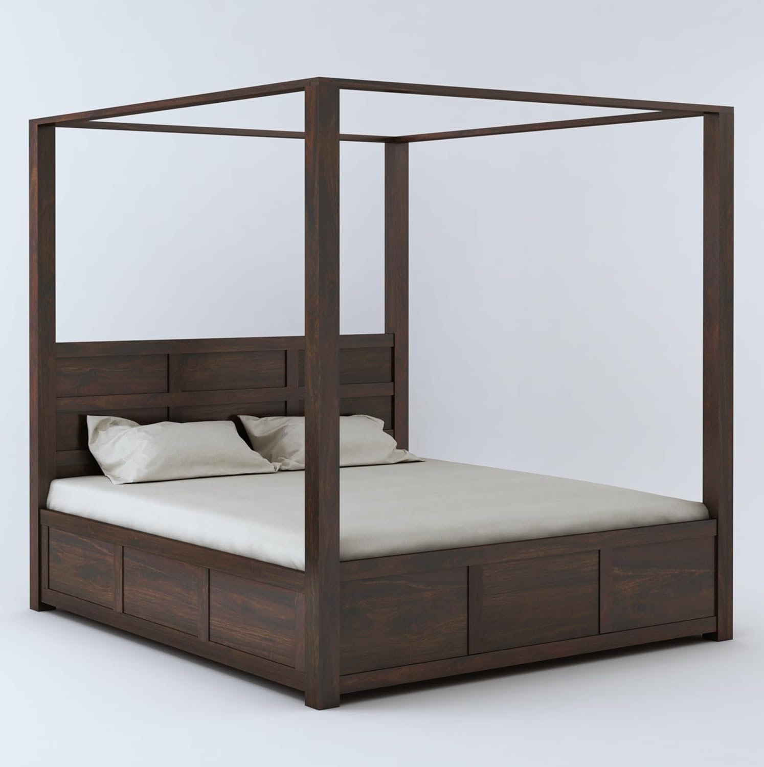STRATA FURNITURE Solid Sheesham Wood King Size Poster Bed with Storage Wooden Double Bed Furniture for Bedroom Living Room Home (Walnut Finish)