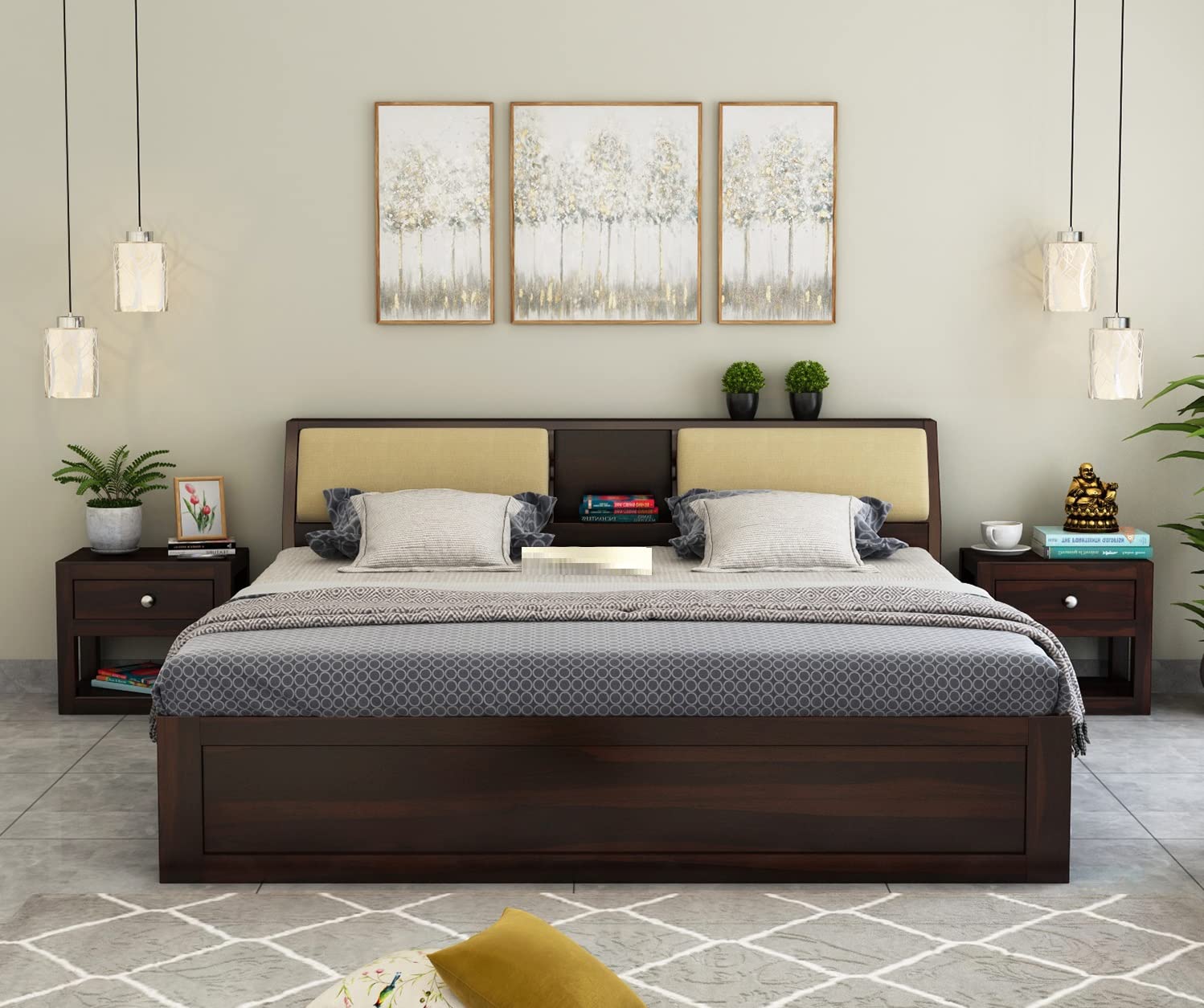 STRATA FURNITURE Sheesham Wood King Size Bed with Box Storage Wooden Double Bed Cot Bed Furniture for Bedroom Living Room Home - (Walnut Finish)