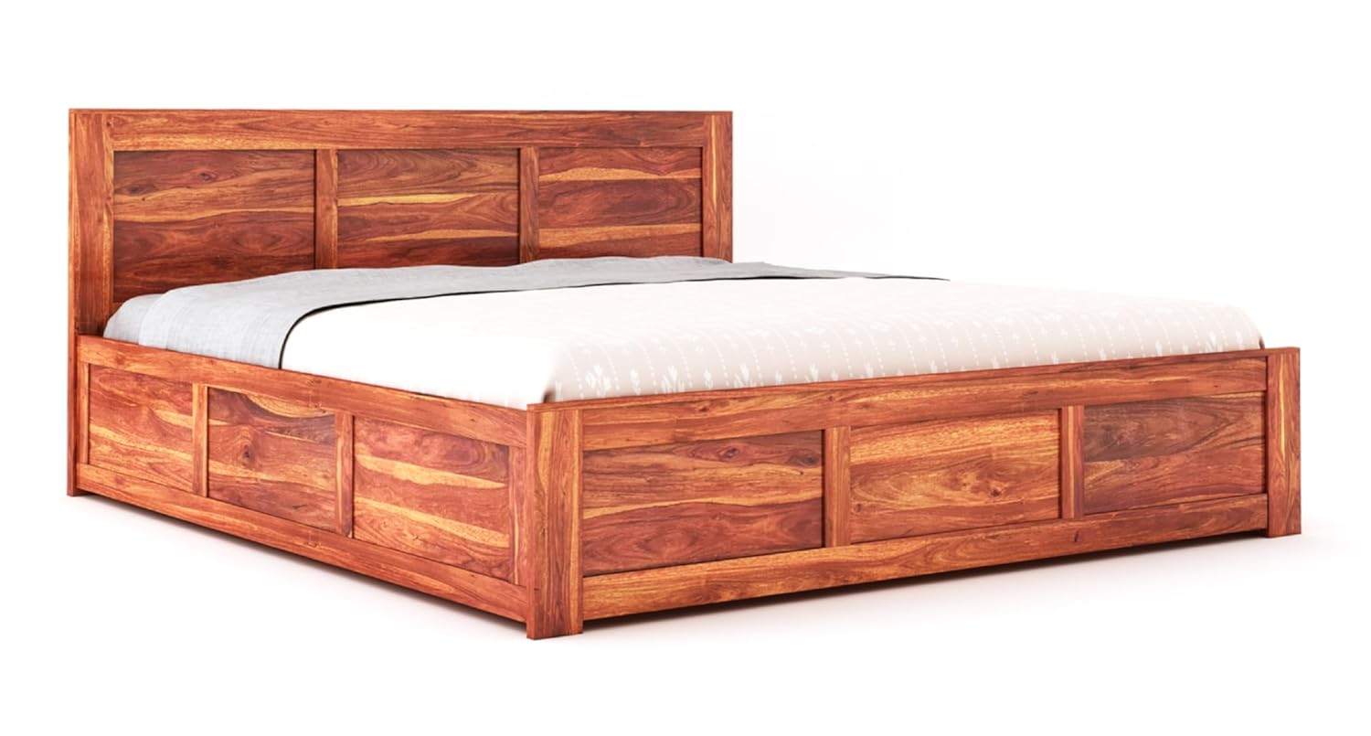 STRATA FURNITURE Sheesham Wood King Size Bed with Box Storage Wooden Double Bed Cot Bed Furniture for Bedroom Living Room Home (Honey Finish)