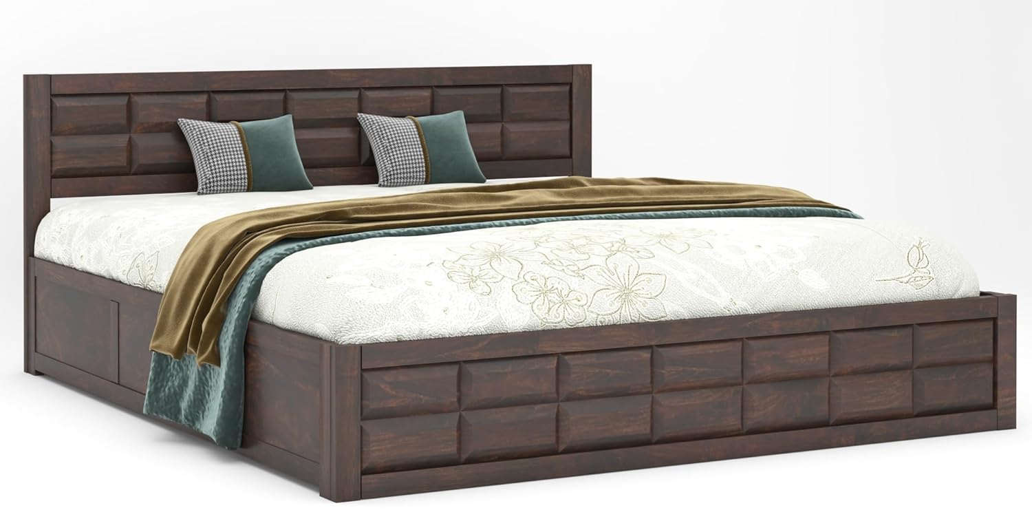 STRATA FURNITURE Solid Sheesham Wood Queen Size Bed with Box Storage | Wooden Double Bed Cot Palang Furniture for Bedroom Living Room and Home (Walnut Finish)