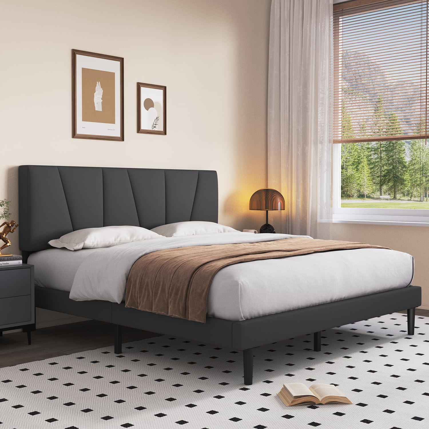 STRATA FURNITURE Wooden Queen Size Bed Cot Without Storage Upholstered Double Bed for Bedroom Living Room Home (Dark Grey Finish)