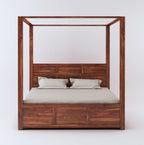 STRATA FURNITURE Solid Sheesham Wood King Size Poster Bed with Storage Wooden Double Bed for Bedroom Living Room Home (Natural Finish)