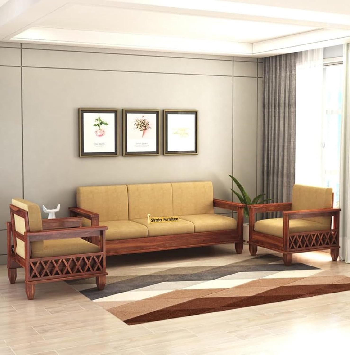 STRATA FURNITURE Sheesham Wood 1 Seater Sofa Set for Living Room Hall Home Solid Wooden Single Seater Sofa Set Furniture (Honey Finish)