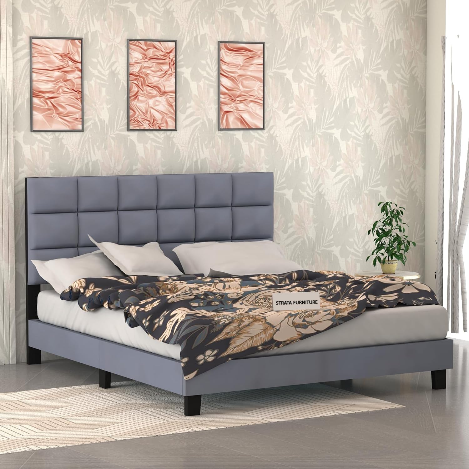 STRATA FURNITURE Wooden King Size Bed Cot Without Storage Upholstered Double Bed for Bedroom Living Room Home (Candler Grey Finish)