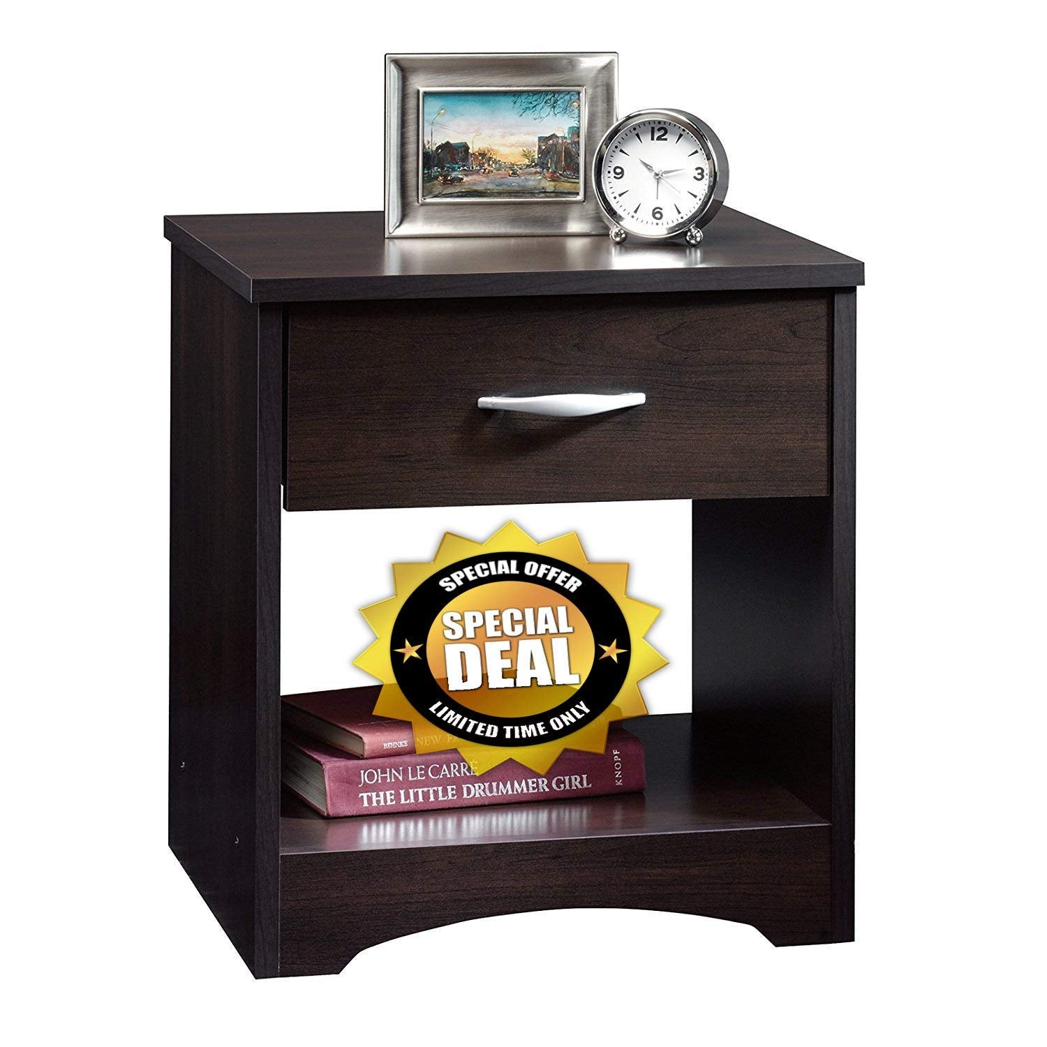STRATA FURNITURE Sheesham Wood Bedside Table with Drawer and Shelf Storage Wooden Night Stand for Bedroom Living Room Home (Dark Brown Finish)