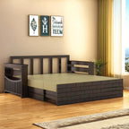 STRATA FURNITURE Solid Sheesham Wood 3 Seater Sofa Cum Bed with Drawer and Side Pocket Storage | Wooden Italian Bed with Headboard | Multipurpose Sofa Furniture for Home & Living Room (Walnut Finish)
