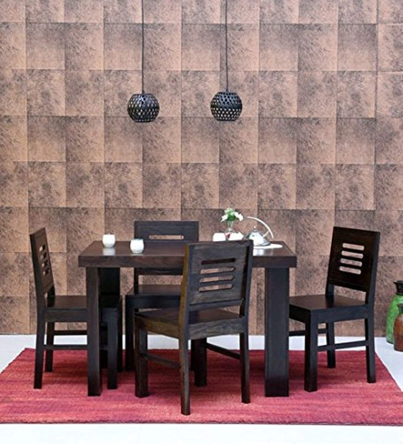 Sheesham Wood 4 Seater Dining Table Set with 4 Chairs for Home Warm Chestnut Finish, Brown