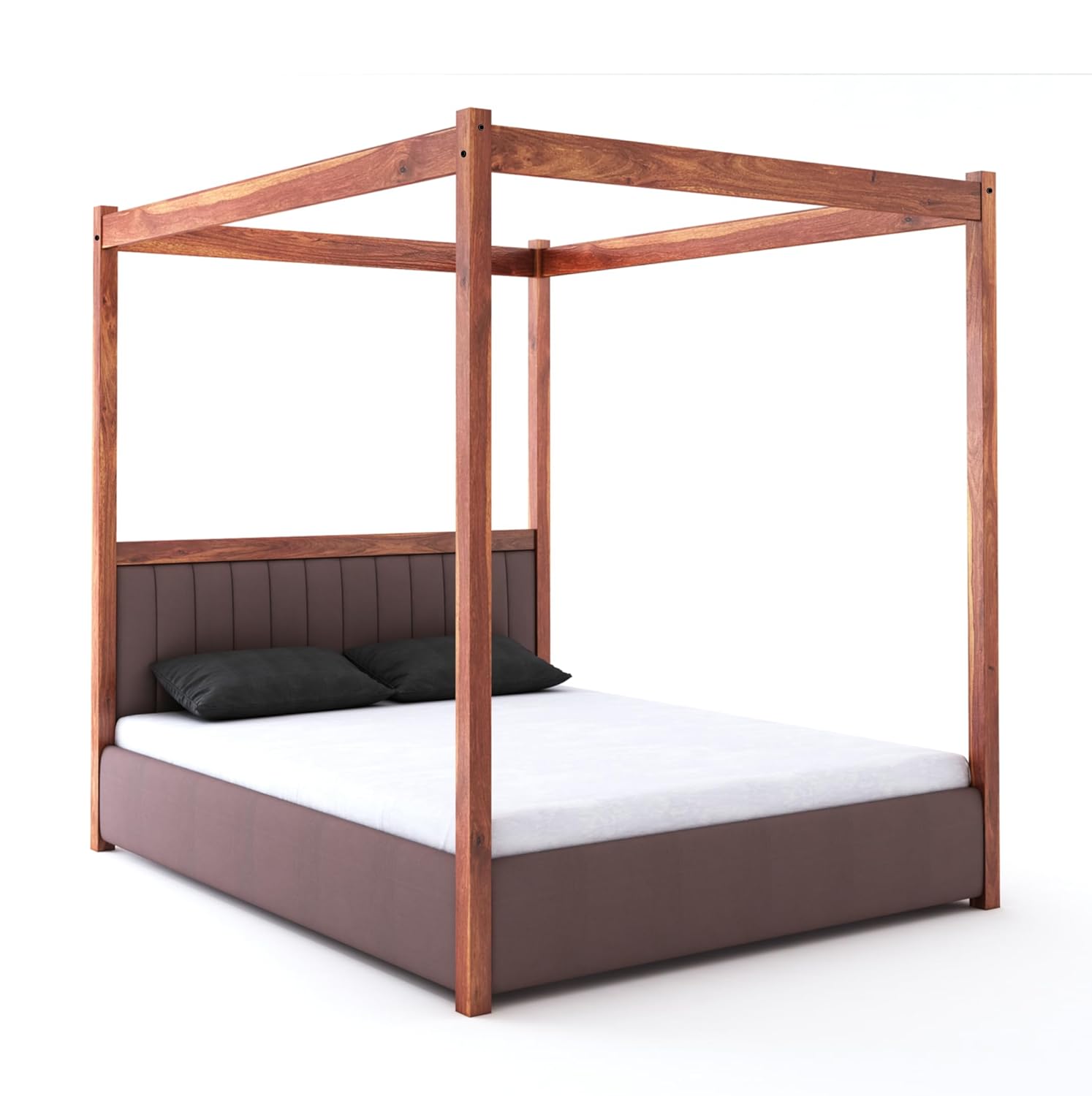 STRATA FURNITURE Solid Sheesham Wood King Size Poster Bed with Box Storage Wooden Upholstered Double Bed for Bedroom Living Room Home (Honey Finish)
