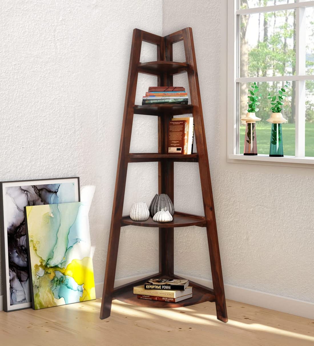 STRATA FURNITURE Solid Sheesham Wood 5 Tier Ladder Corner Shelf for Home and Living Room Decorative Wooden Display Rack (Brown)