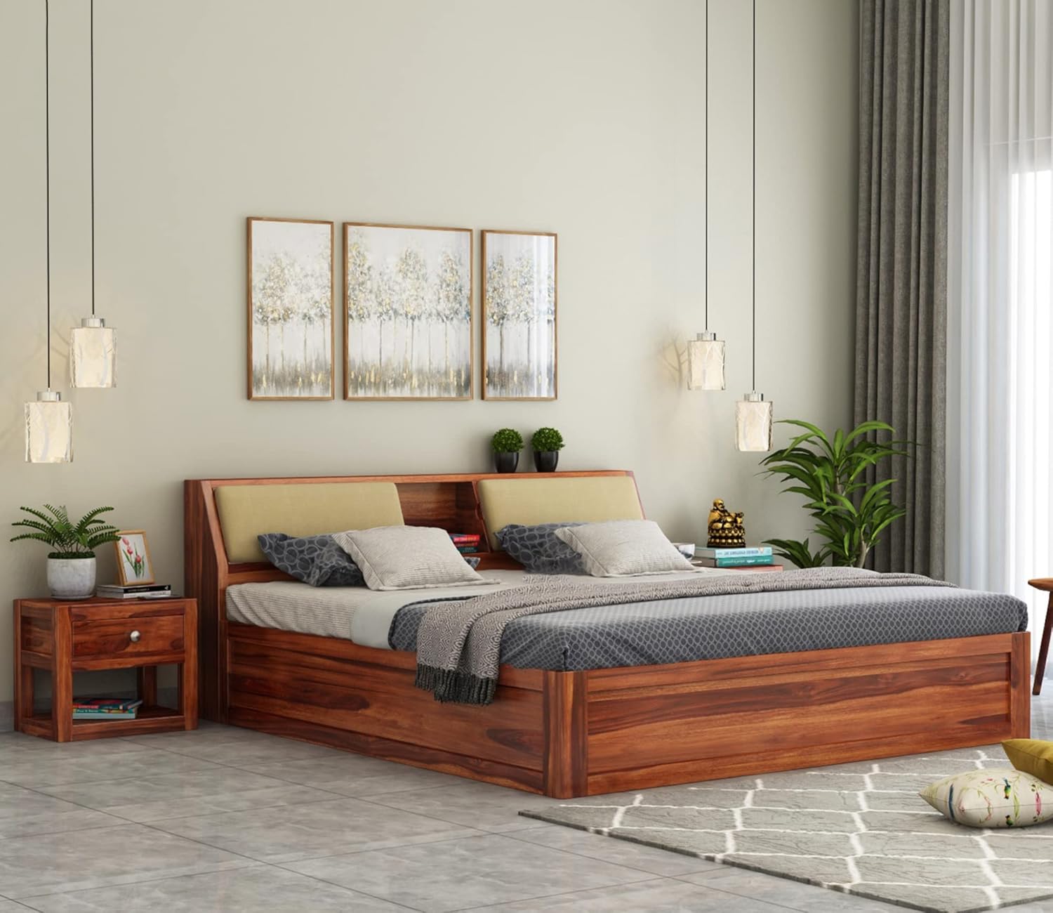 STRATA FURNITURE Sheesham Wood Queen Size Bed with Box Storage Wooden Double Bed Cot Bed Furniture for Bedroom Living Room Home (Honey Finish)