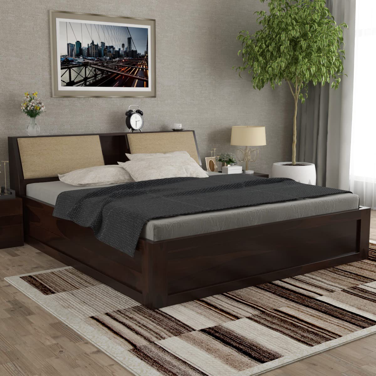 STRATA FURNITURE Sheesham Wood Queen Size Bed with Box and Headboard Storage for Bedroom Wooden Cot Bed for Home (Honey Finish)