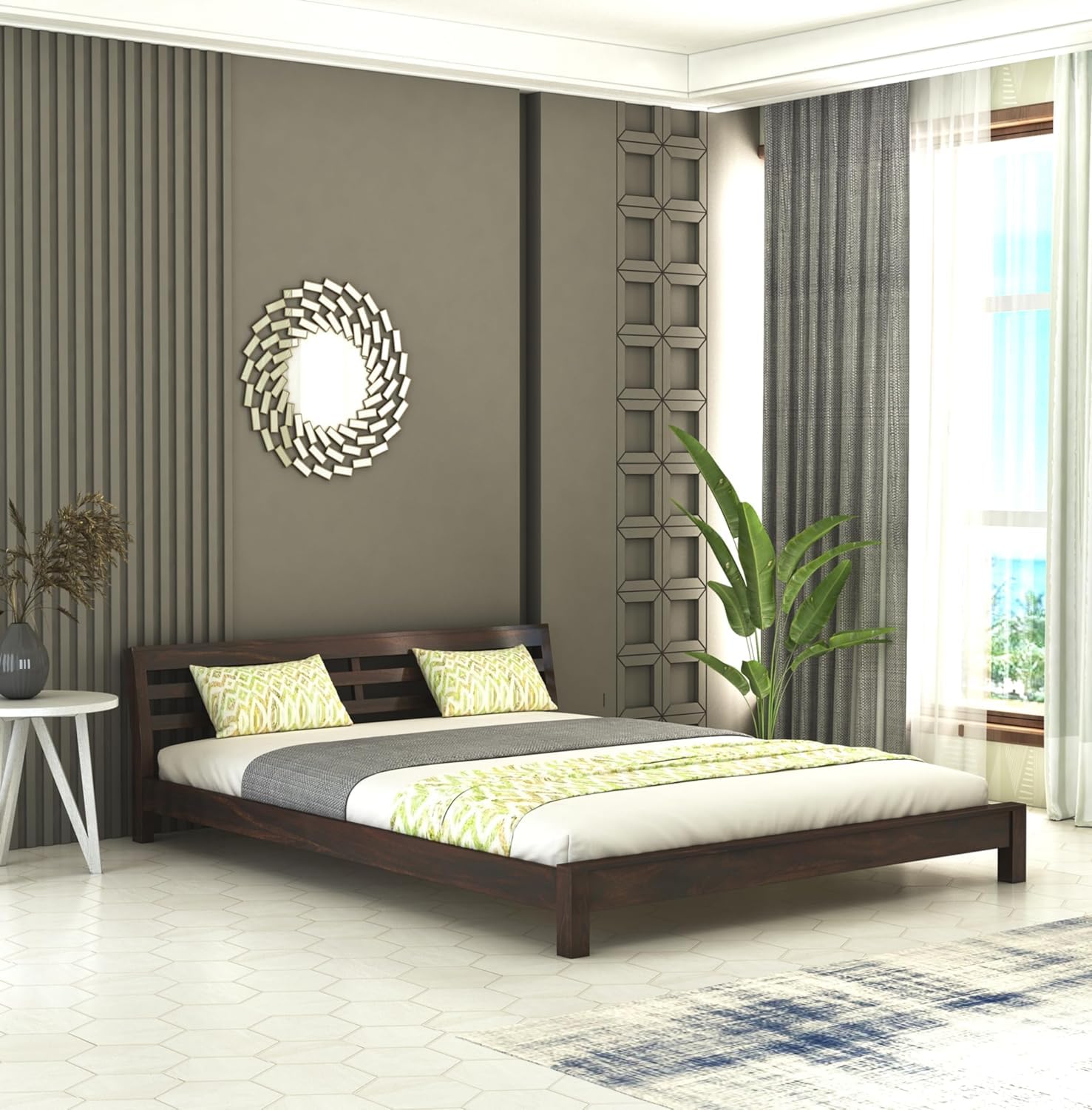 Strata Furniture Sheesham Wood King Size Platform Bed Without Storage for Bedroom Living Room Home Wooden Double Cot Palang Low Height Bed Furniture (Walnut Finish)