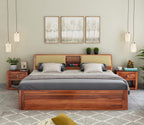 STRATA FURNITURE Sheesham Wood Queen Size Bed with Box Storage Wooden Double Bed Cot Bed Furniture for Bedroom Living Room Home (Honey Finish)