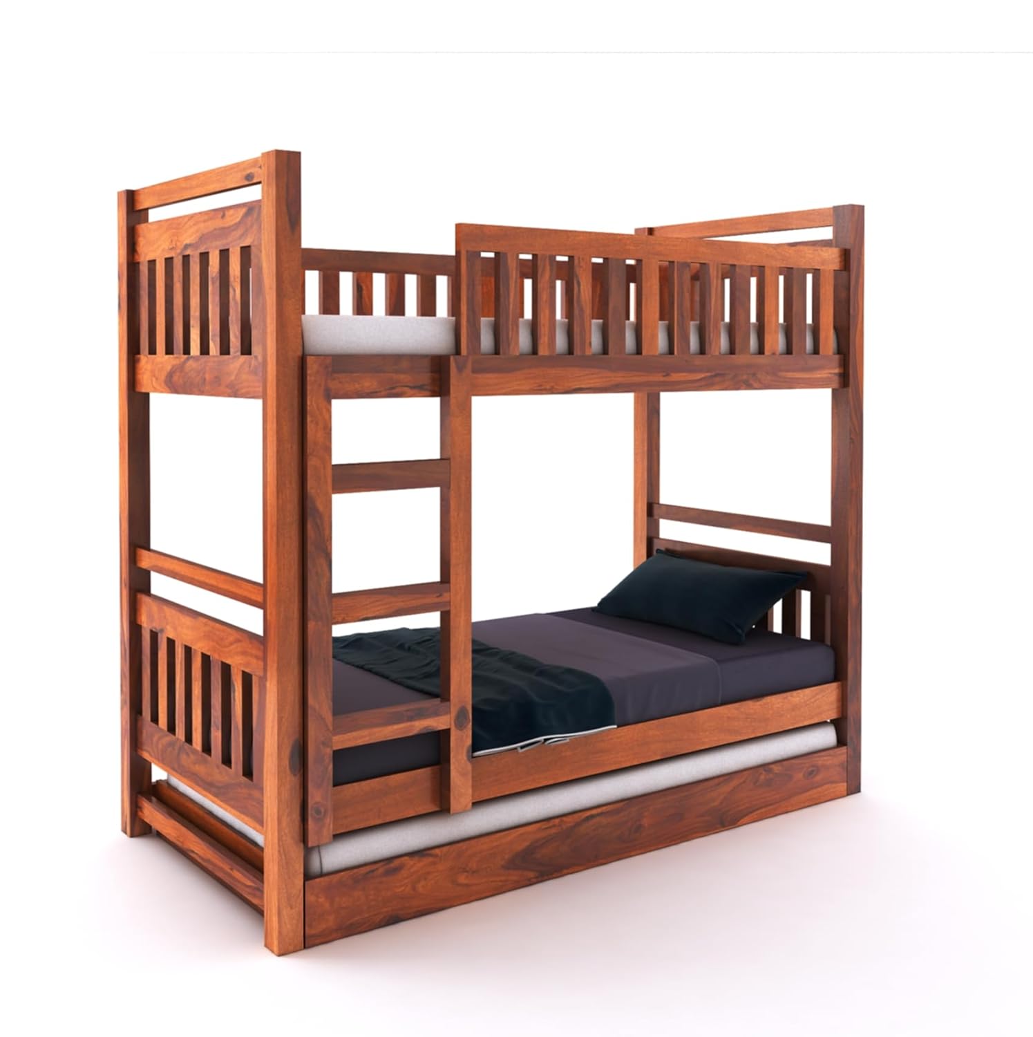 STRATA FURNITURE Solid Sheesham Wood Bunk Bed With Trundle Wooden Bunk Bed With Ladder For Bedroom Living Room Home (Honey Finish), 2.08 Meters, 99.06 CM, 167.64 Cm