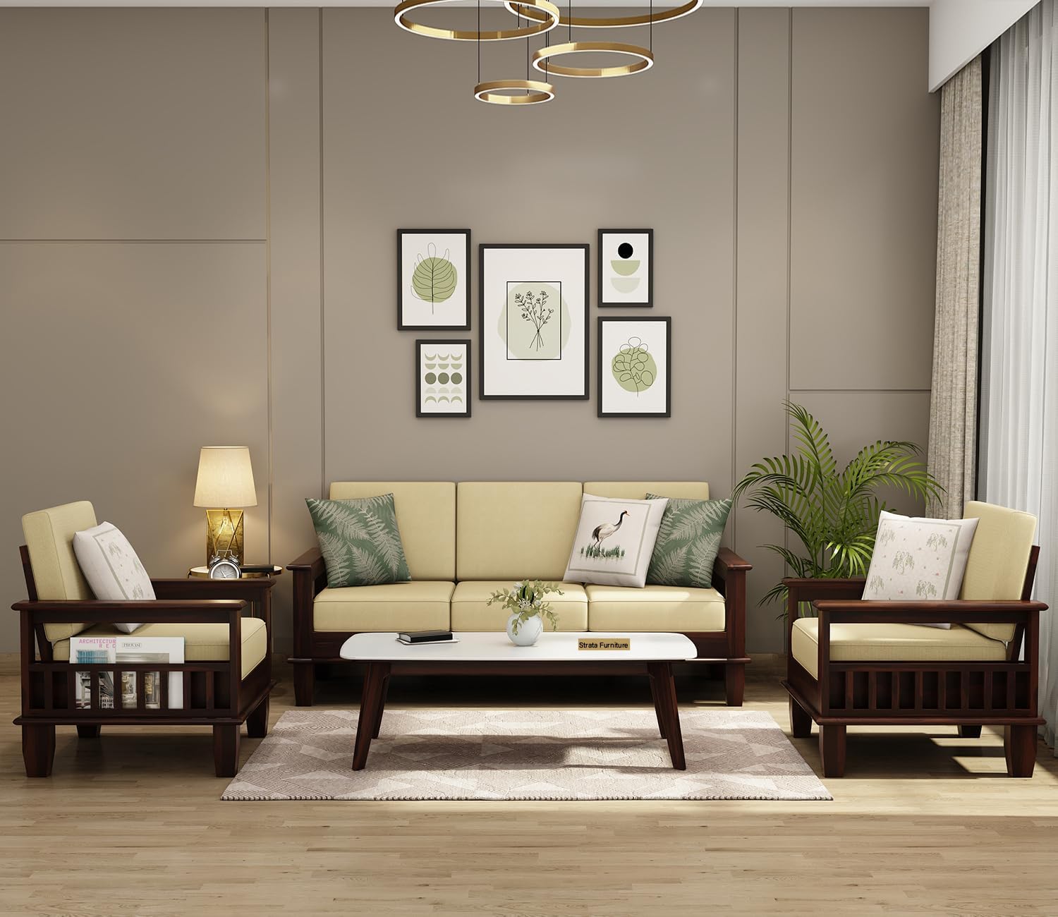 STRATA FURNITURE Sheesham Wood 3 Seater Sofa Set for Living Room Home Office Solid Wood Sofa Set Furniture Wooden Sofa Set 3 Seater (Walnut Finish)