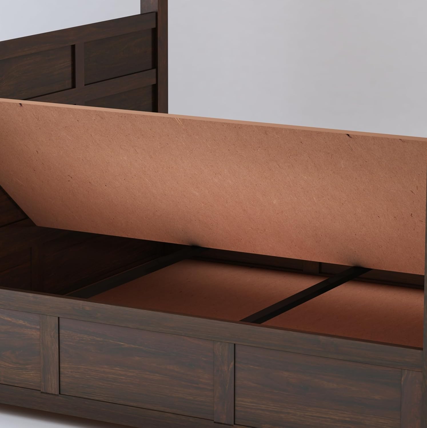 STRATA FURNITURE Solid Sheesham Wood King Size Poster Bed with Storage Wooden Double Bed Furniture for Bedroom Living Room Home (Walnut Finish)