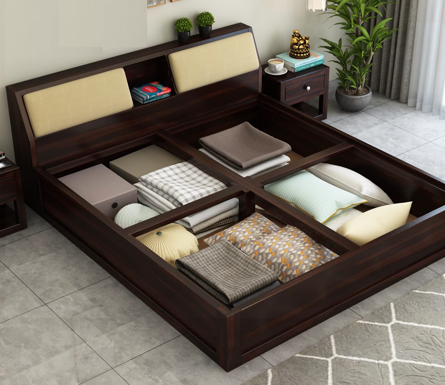 STRATA FURNITURE Sheesham Wood Queen Size Bed with Box Storage Wooden Double Bed Cot Bed Furniture for Bedroom Living Room Home - (Walnut Finish)