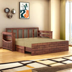 STRATA FURNITURE Solid Sheesham Wood 3 Seater Sofa Cum Bed With Drawer and Side Pocket Storage | Wooden Italian Bed With Headboard | Multipurpose Sofa Furniture for Home and Living Room (Honey Finish)