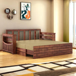 STRATA FURNITURE Solid Sheesham Wood 3 Seater Sofa Cum Bed With Drawer and Side Pocket Storage | Wooden Italian Bed With Headboard | Multipurpose Sofa Furniture for Home and Living Room (Honey Finish)