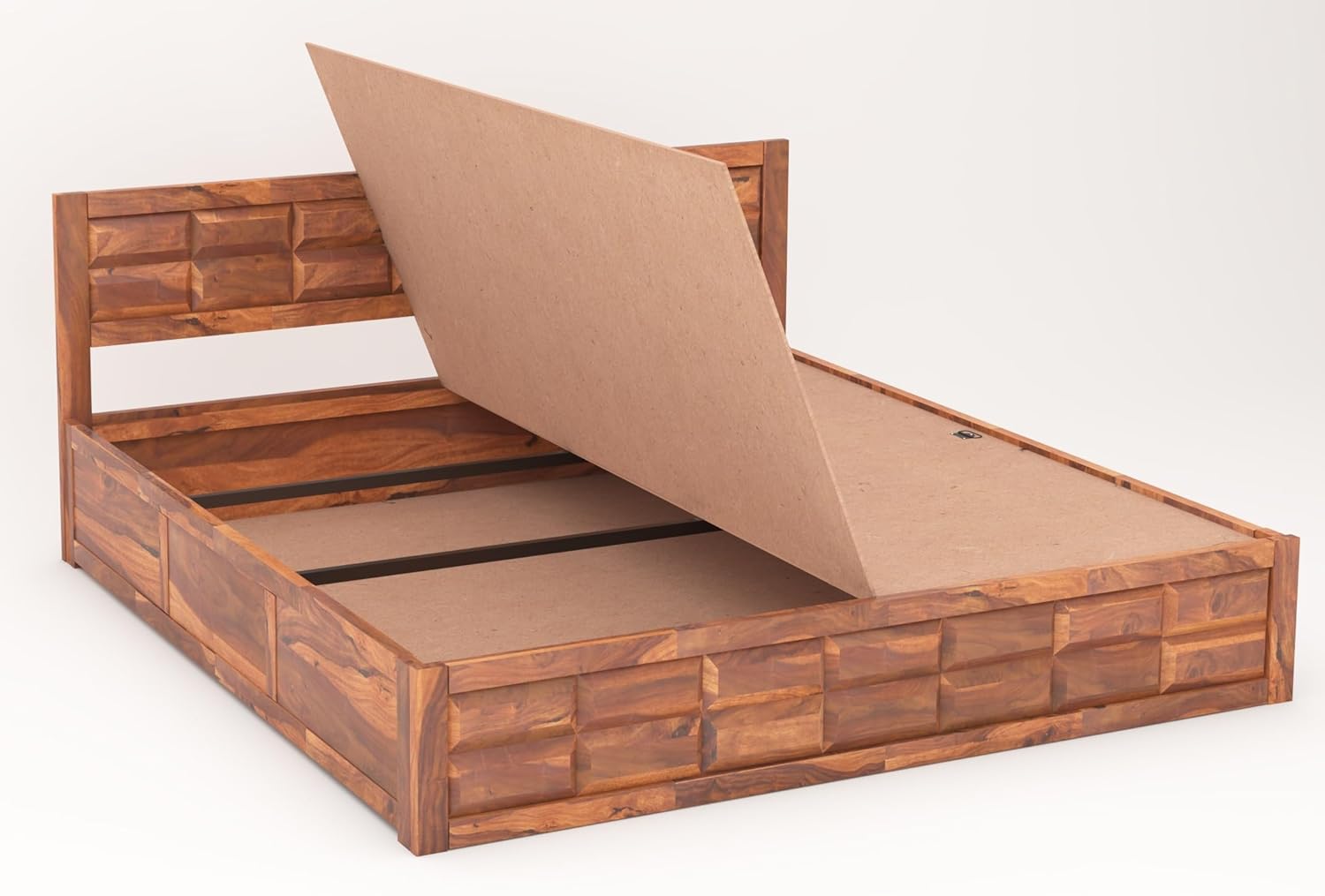 STRATA FURNITURE Solid Sheesham Wood King Size Bed with Box Storage | Wooden Double Bed Cot Palang Furniture for Bedroom Living Room and Home (Honey Finish)