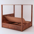 STRATA FURNITURE Solid Sheesham Wood King Size Poster Bed with Storage Wooden Double Bed for Bedroom Living Room Home (Natural Finish)