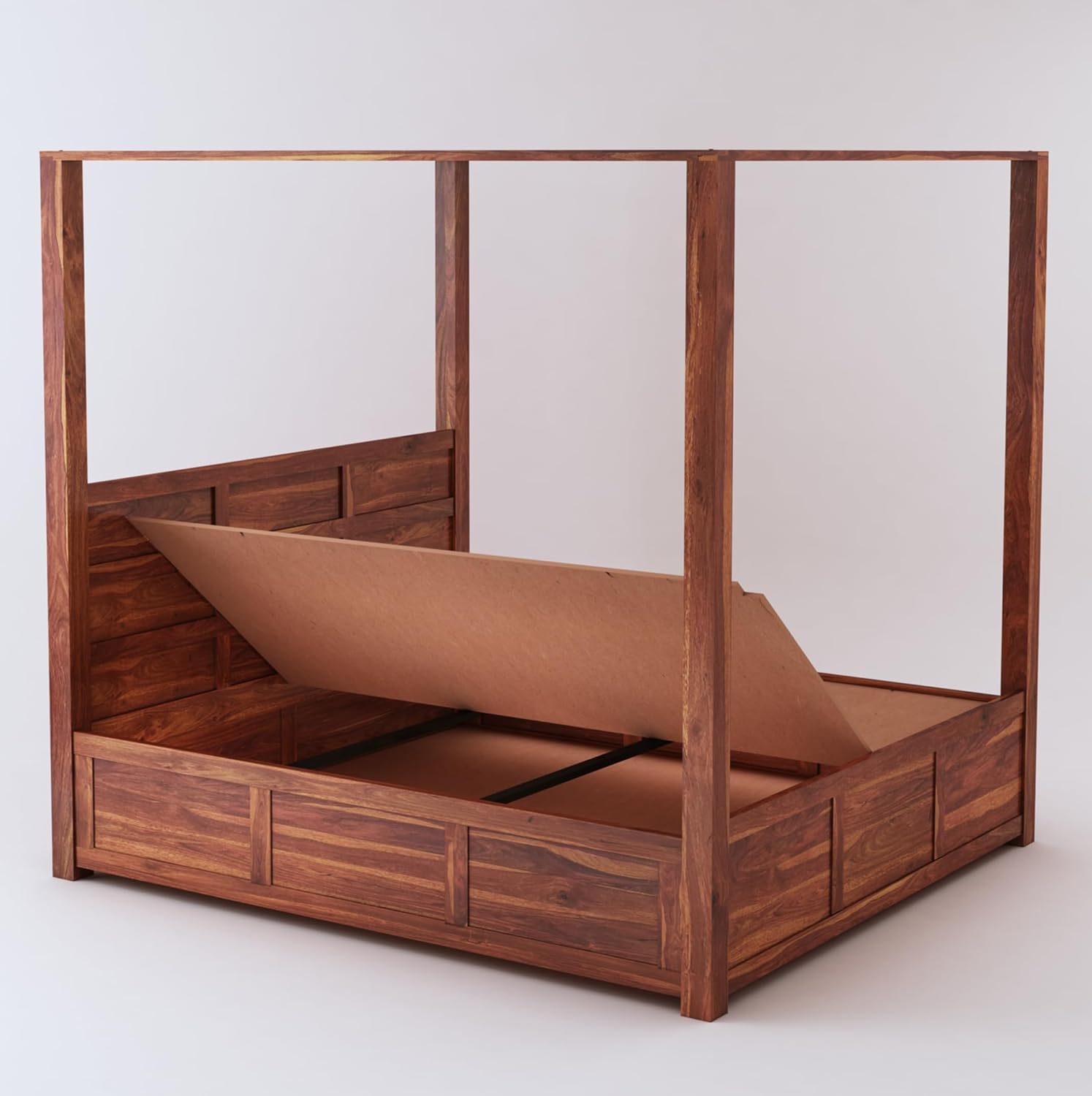 STRATA FURNITURE Solid Sheesham Wood King Size Poster Bed with Storage Wooden Double Bed for Bedroom Living Room Home (Natural Finish)