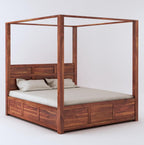 STRATA FURNITURE Solid Sheesham Wood King Size Poster Bed with Storage Wooden Double Bed for Bedroom Living Room Home (Natural Finish)