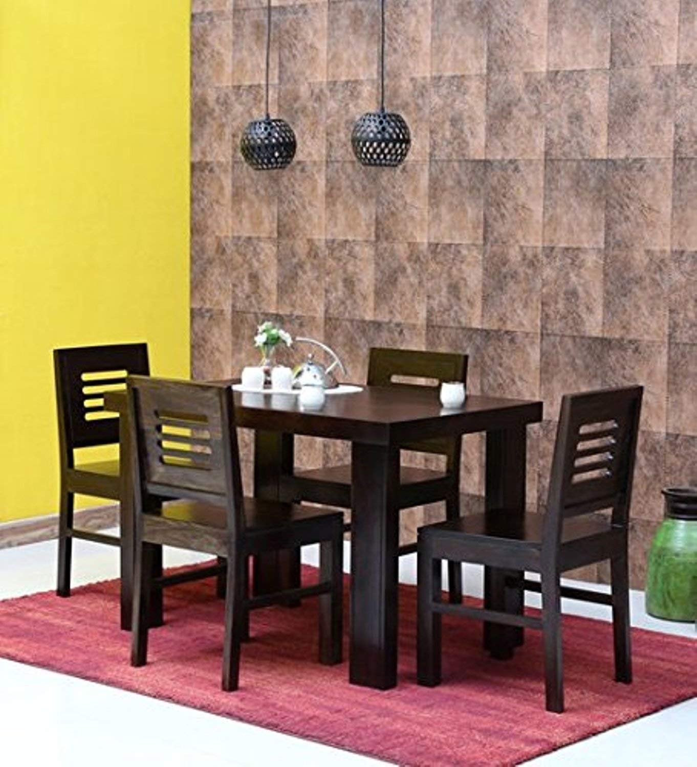 Sheesham Wood 4 Seater Dining Table Set with 4 Chairs for Home Warm Chestnut Finish, Brown