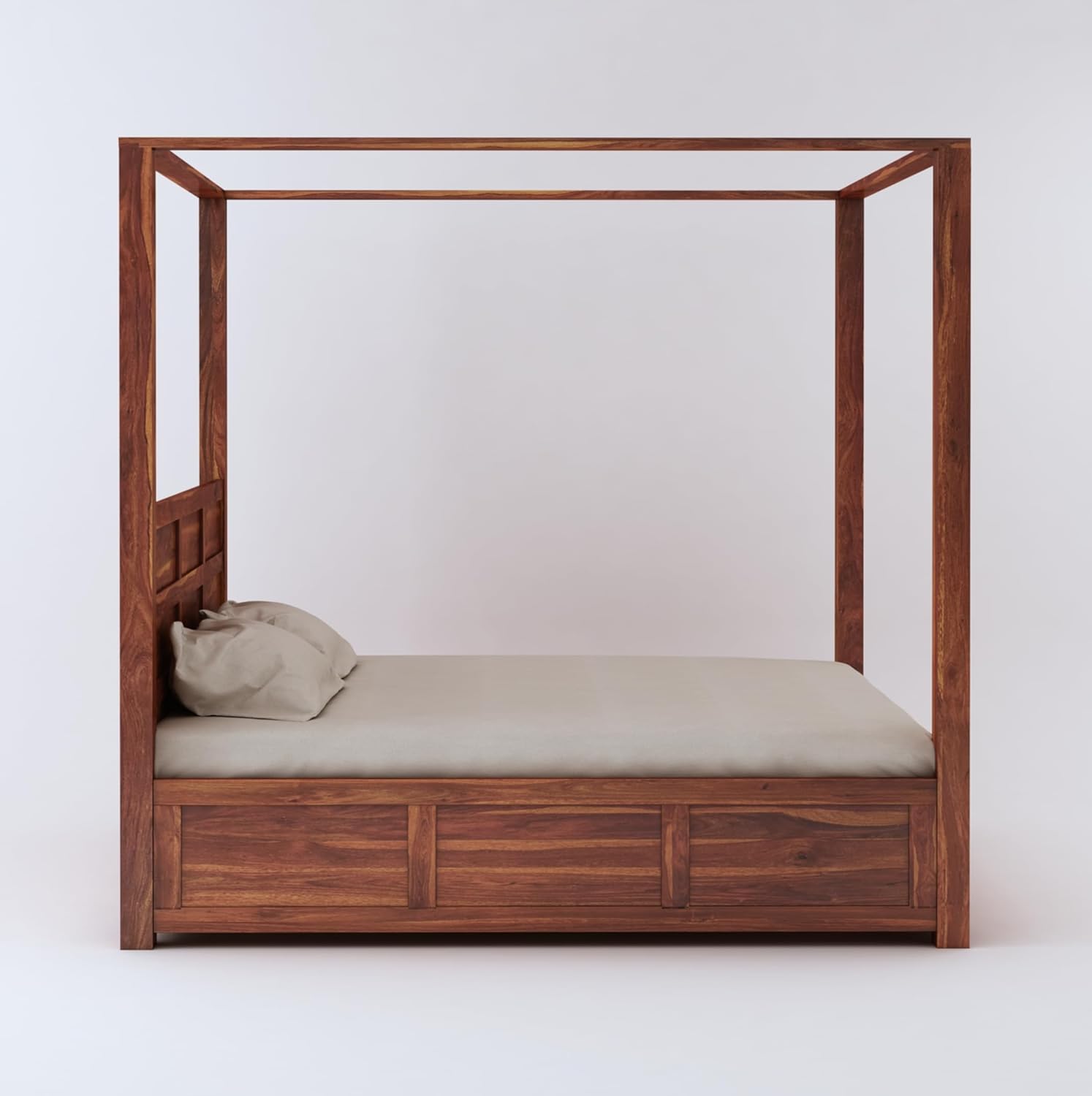 STRATA FURNITURE Solid Sheesham Wood King Size Poster Bed with Storage Wooden Double Bed for Bedroom Living Room Home (Natural Finish)
