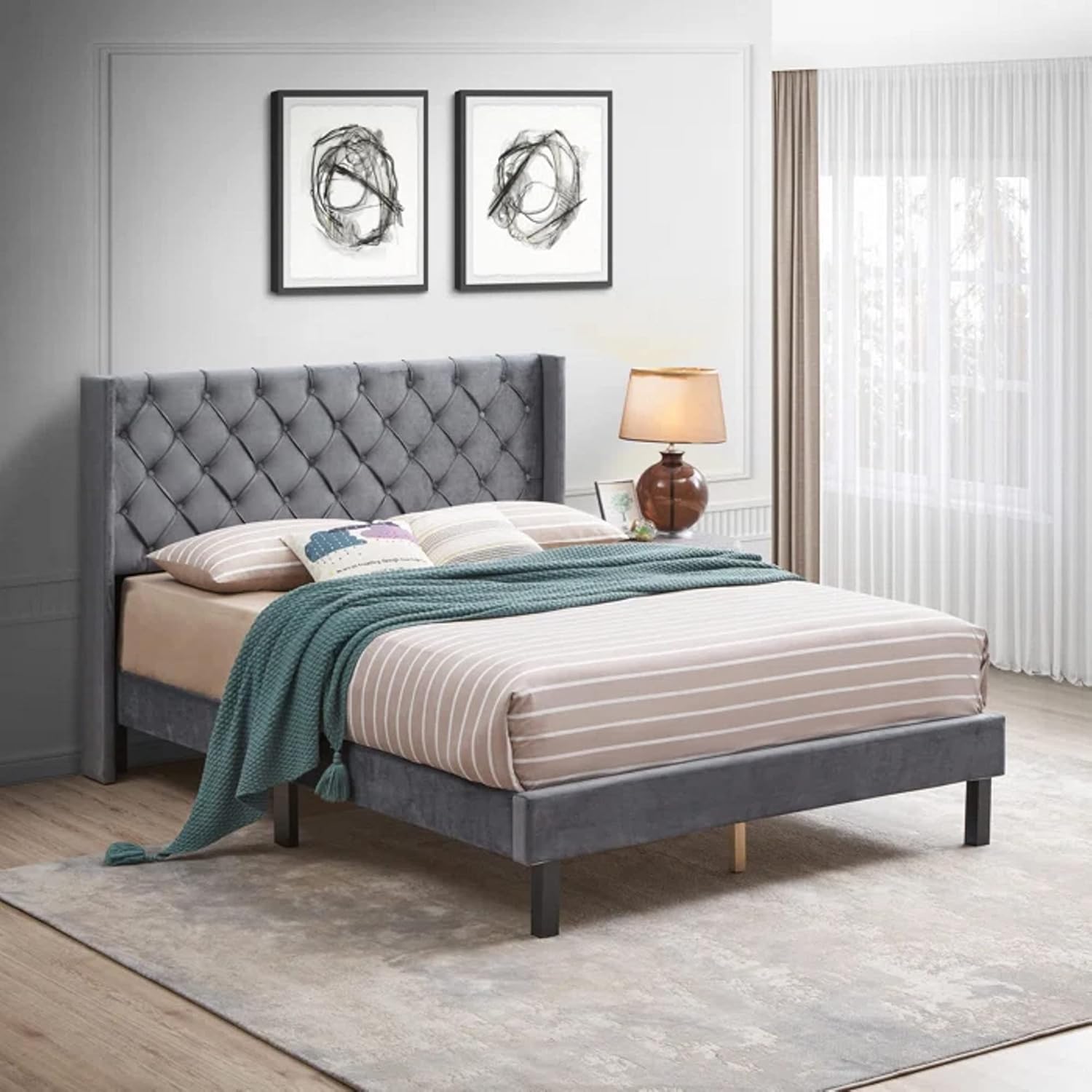 STRATA FURNITURE Wooden Queen Size Bed Upholstered Double Bed Cot Bed Furniture for Bedroom Living Room Home (Grey Finish)