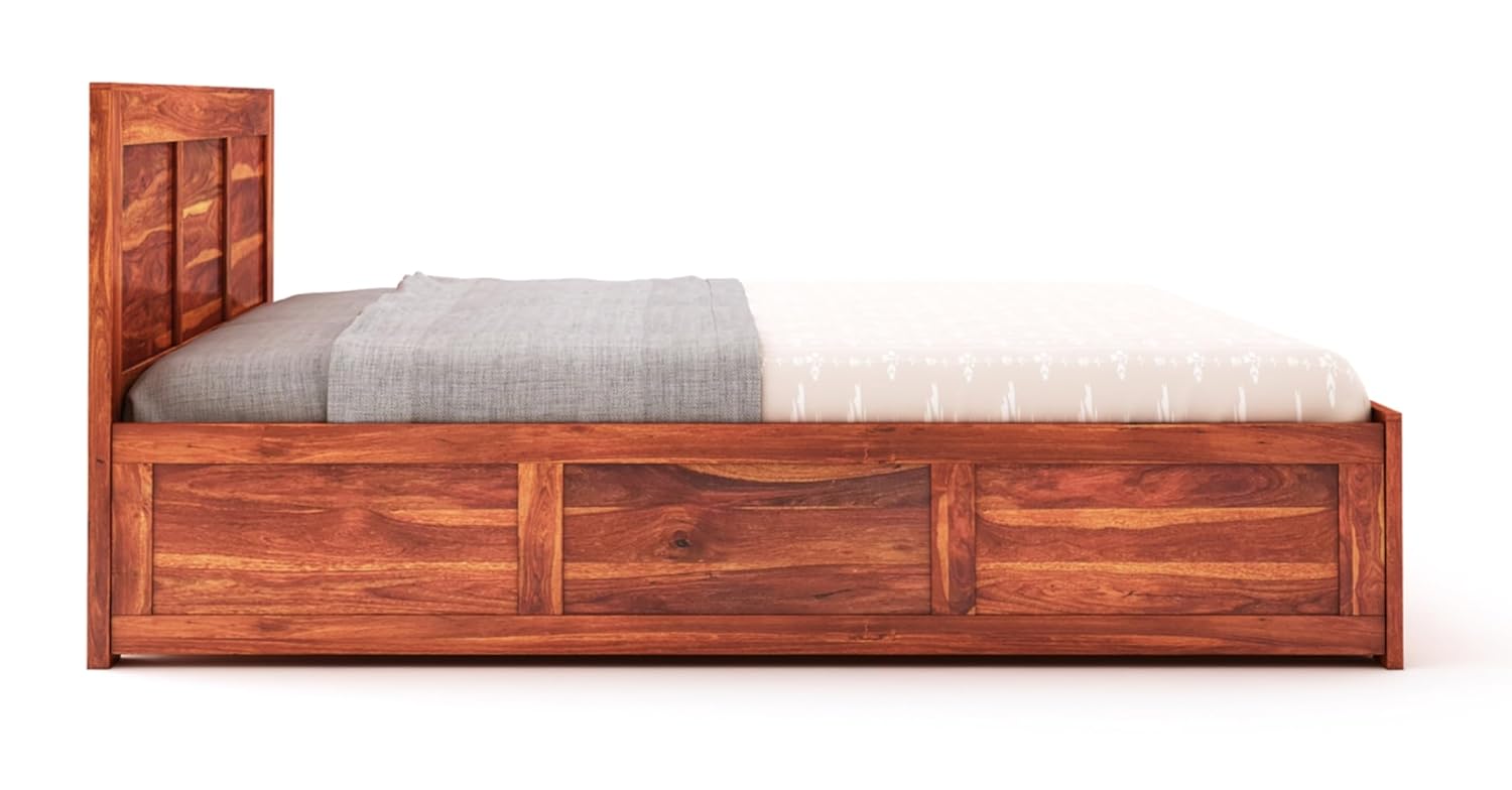 STRATA FURNITURE Sheesham Wood King Size Bed with Box Storage Wooden Double Bed Cot Bed Furniture for Bedroom Living Room Home (Honey Finish)