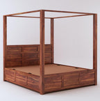STRATA FURNITURE Solid Sheesham Wood King Size Poster Bed with Storage Wooden Double Bed for Bedroom Living Room Home (Natural Finish)