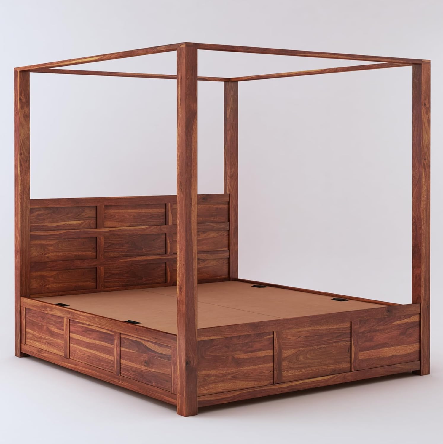 STRATA FURNITURE Solid Sheesham Wood King Size Poster Bed with Storage Wooden Double Bed for Bedroom Living Room Home (Natural Finish)