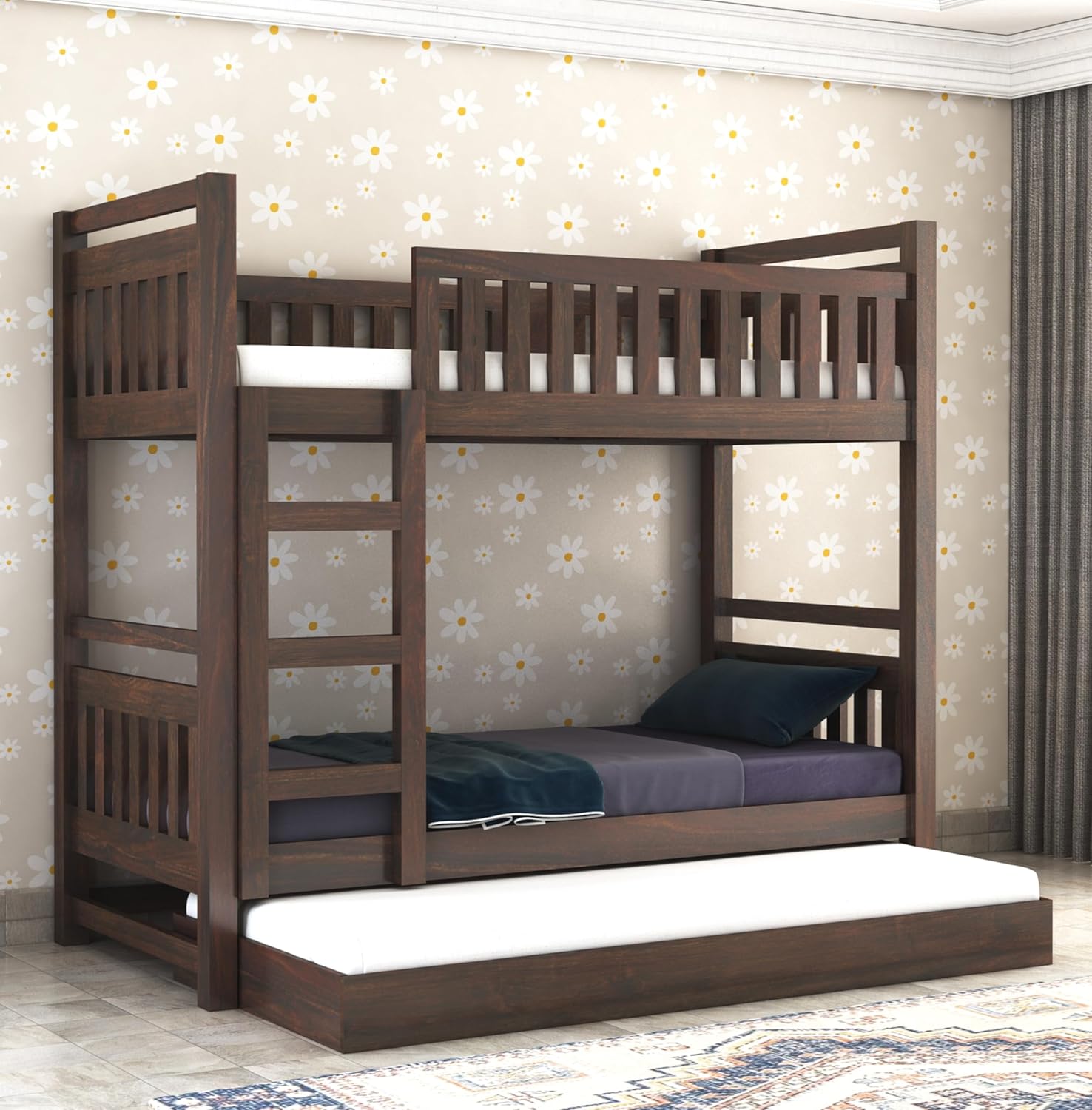 STRATA FURNITURE Solid Sheesham Wood Bunk Bed With Trundle Wooden Bunk Bed With Ladder For Bedroom Living Room Home (Walnut Finish, 1.68 M, 2.08 M, 0.99 M)