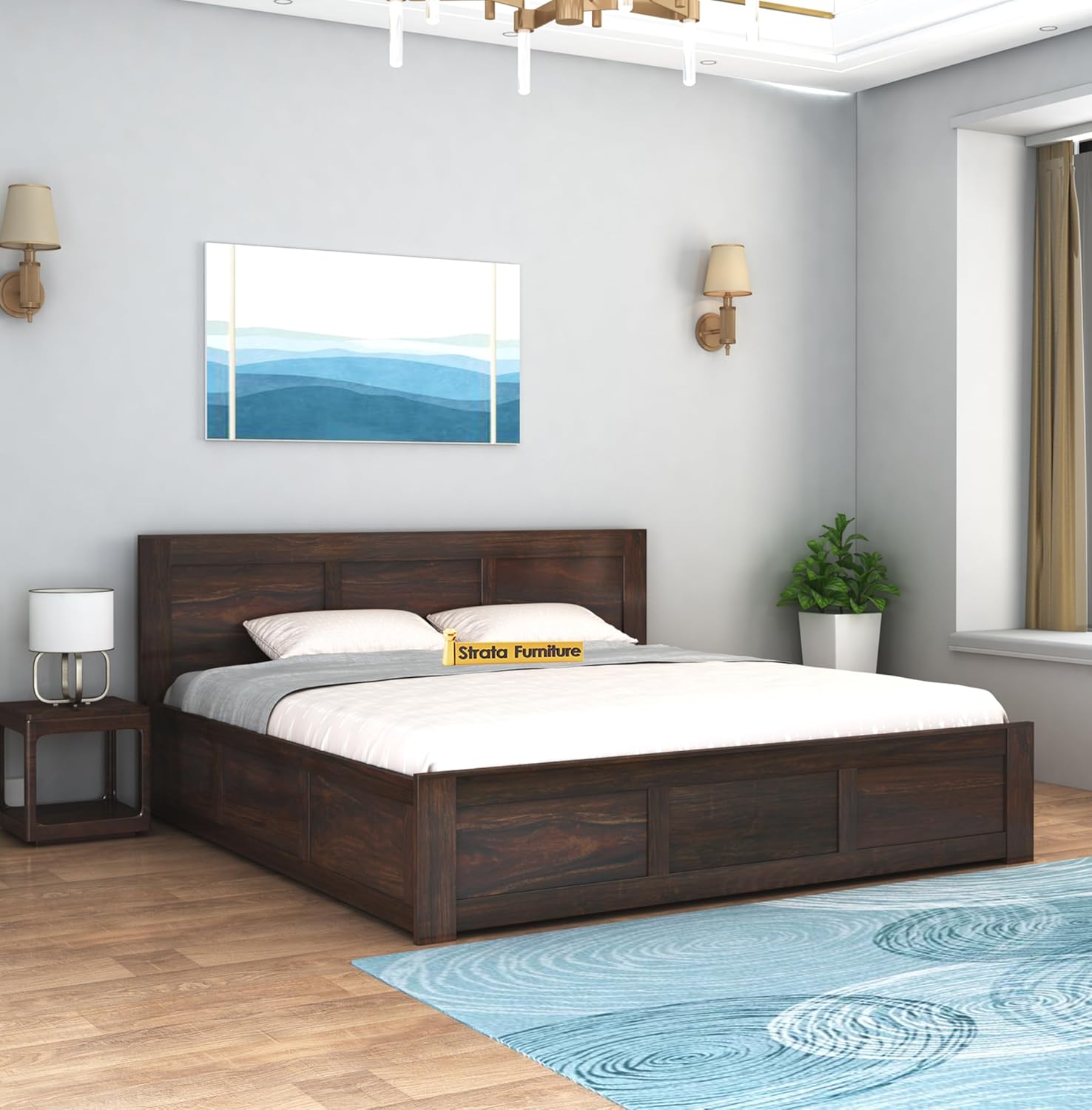 STRATA FURNITURE Sheesham Wood King Size Bed with Box Storage Wooden Double Bed Cot Bed Furniture for Bedroom Living Room Home (Honey Finish)