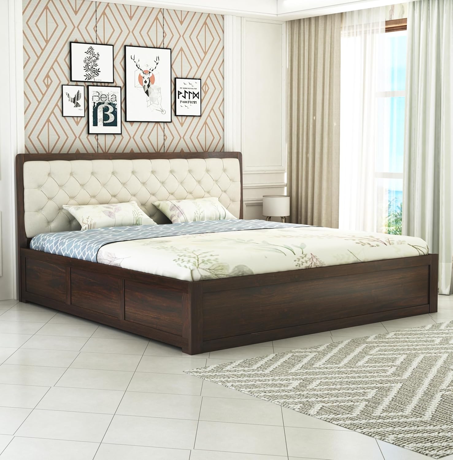 STRATA FURNITURE Solid Sheesham Wood King Size Bed with Storage for Bedroom Living Room Solid Wooden Furniture Double Bed for Home Hotels (Walnut Finish)