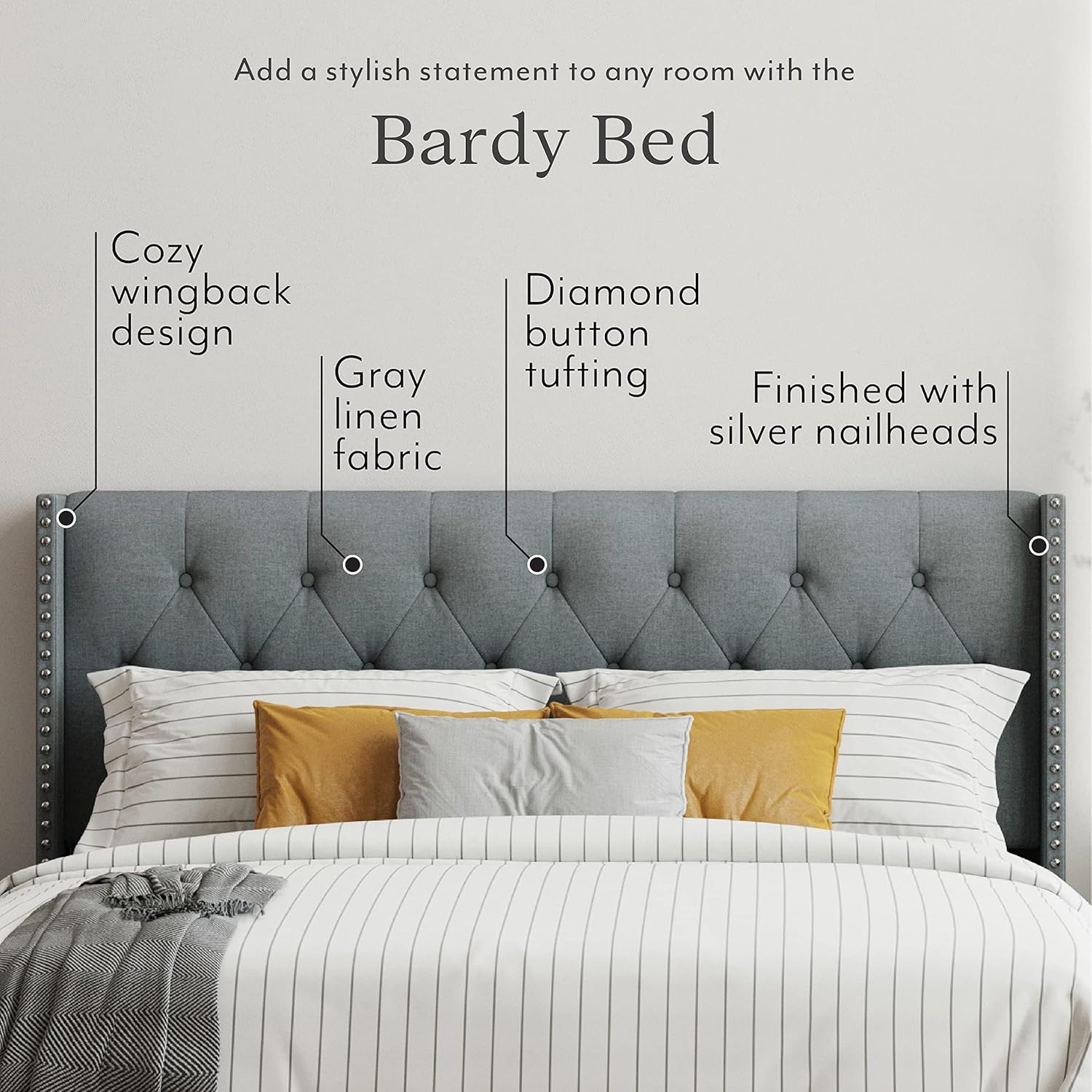 STRATA FURNITURE Wooden Queen Size Wingback Headboard Bed Cot Without Storage Upholstered Double Bed for Bedroom Living Room Home (Dark Grey Finish)