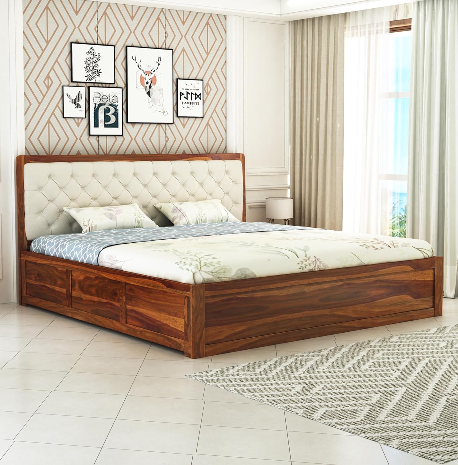 STRATA FURNITURE Sheesham Wood King Size Bed with Box Storage Solid Wood Cot Palang Wooden Double Bed Furniture for Bedroom Living Room (Honey Finish)