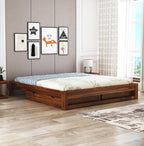 STRATA FURNITURE Solid Sheesham Wood Low Height Platform King Size Bed with Storage for Bedroom Wooden Double Bed (Honey Finish)