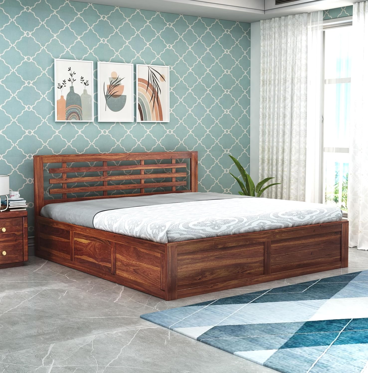 STRATA FURNITURE Sheesham Wood King Size Bed with Box Storage and Headboard for Bedroom Living Room Home Wooden Double Bed Cot Palang Furniture (Honey Finish)