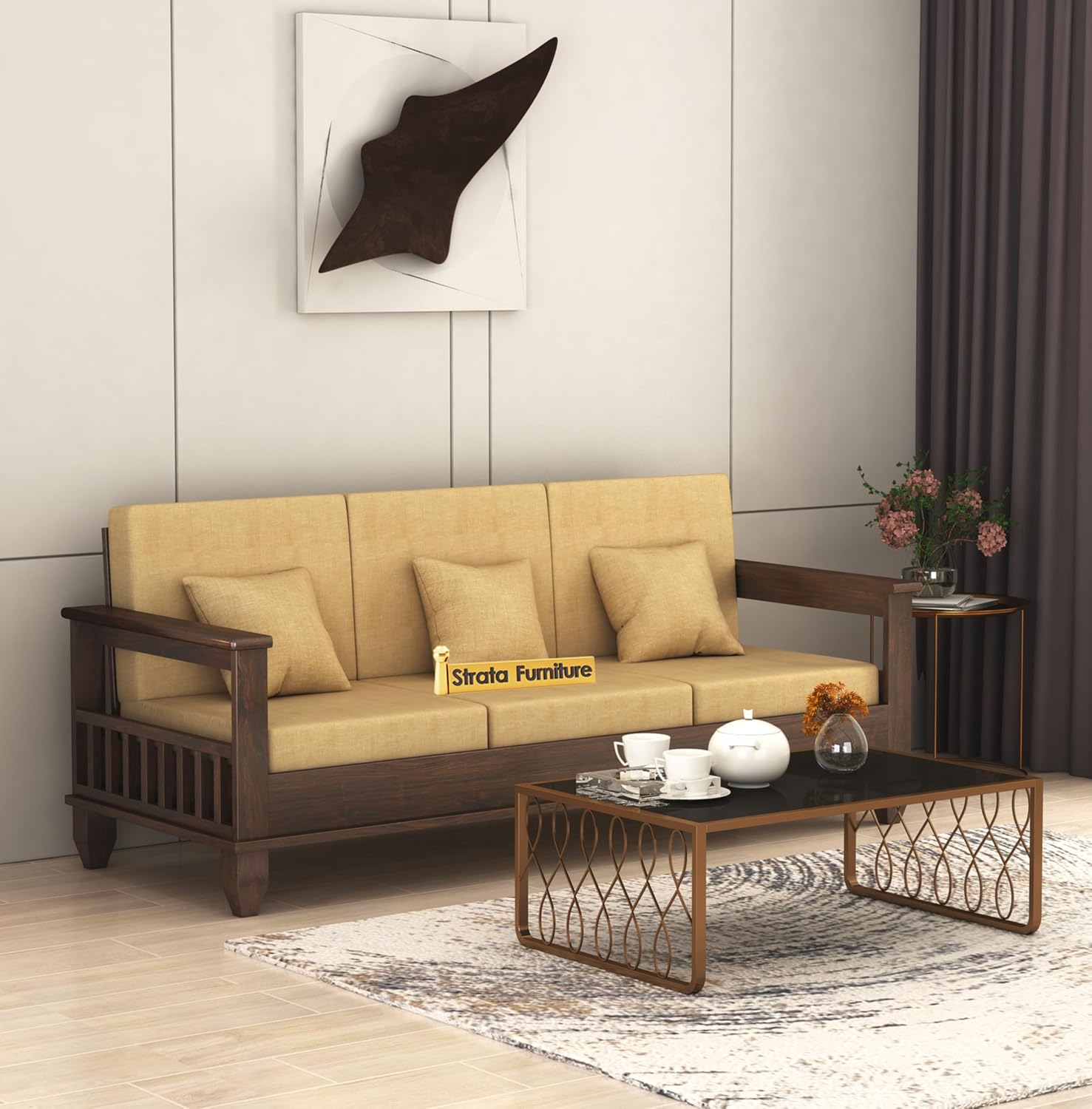 STRATA FURNITURE Sheesham Wood 1 Seater Sofa Set for Living Room Home Office Hall Solid Wooden Single Seater Sofa Set Furniture (Walnut Finish)