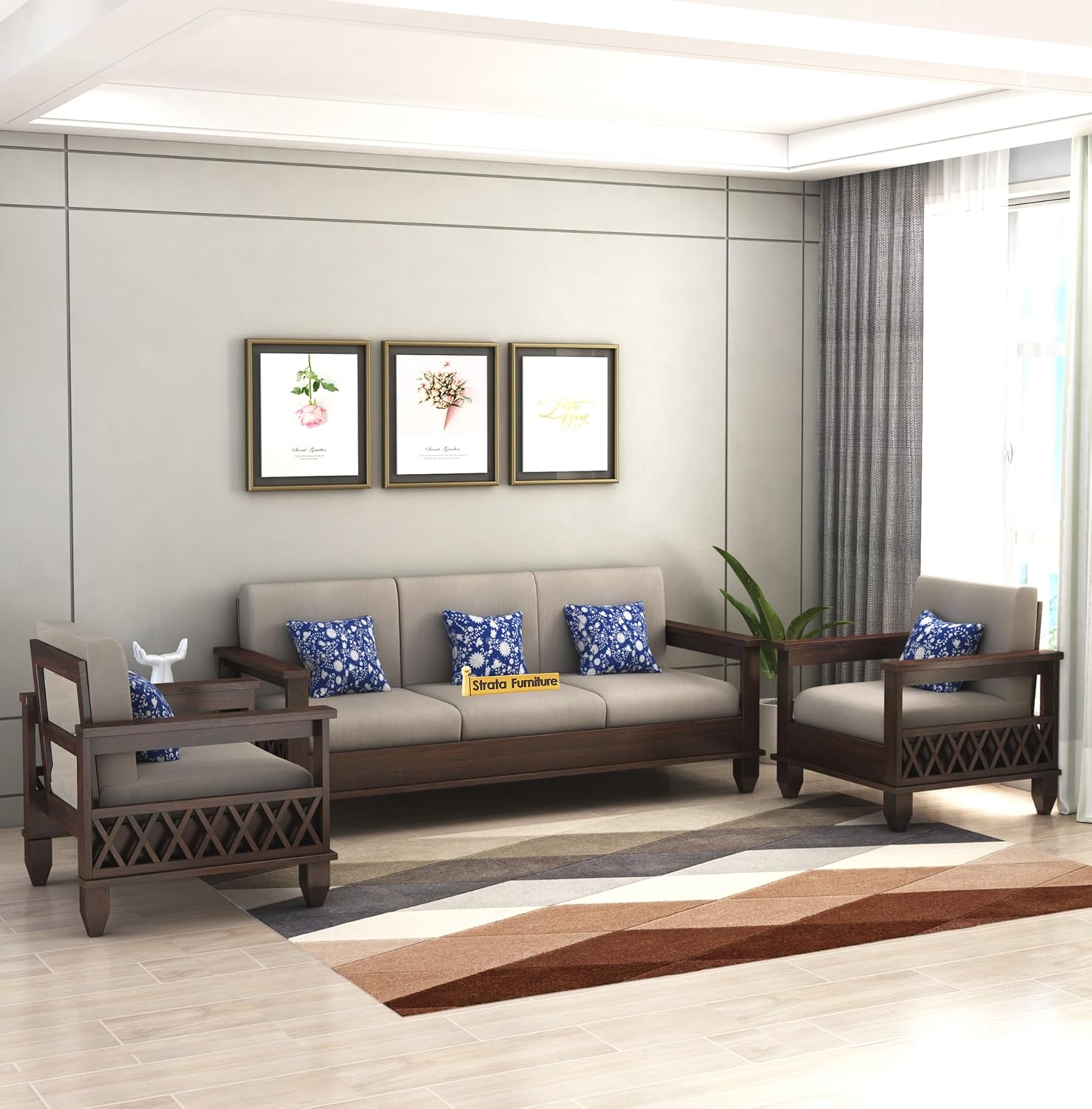 STRATA FURNITURE Solid Sheesham Wood 5 Seater SofaSet for Living Rooms 3+1+1 Wooden Sofa Set for Home and Office (Walnut Brown)