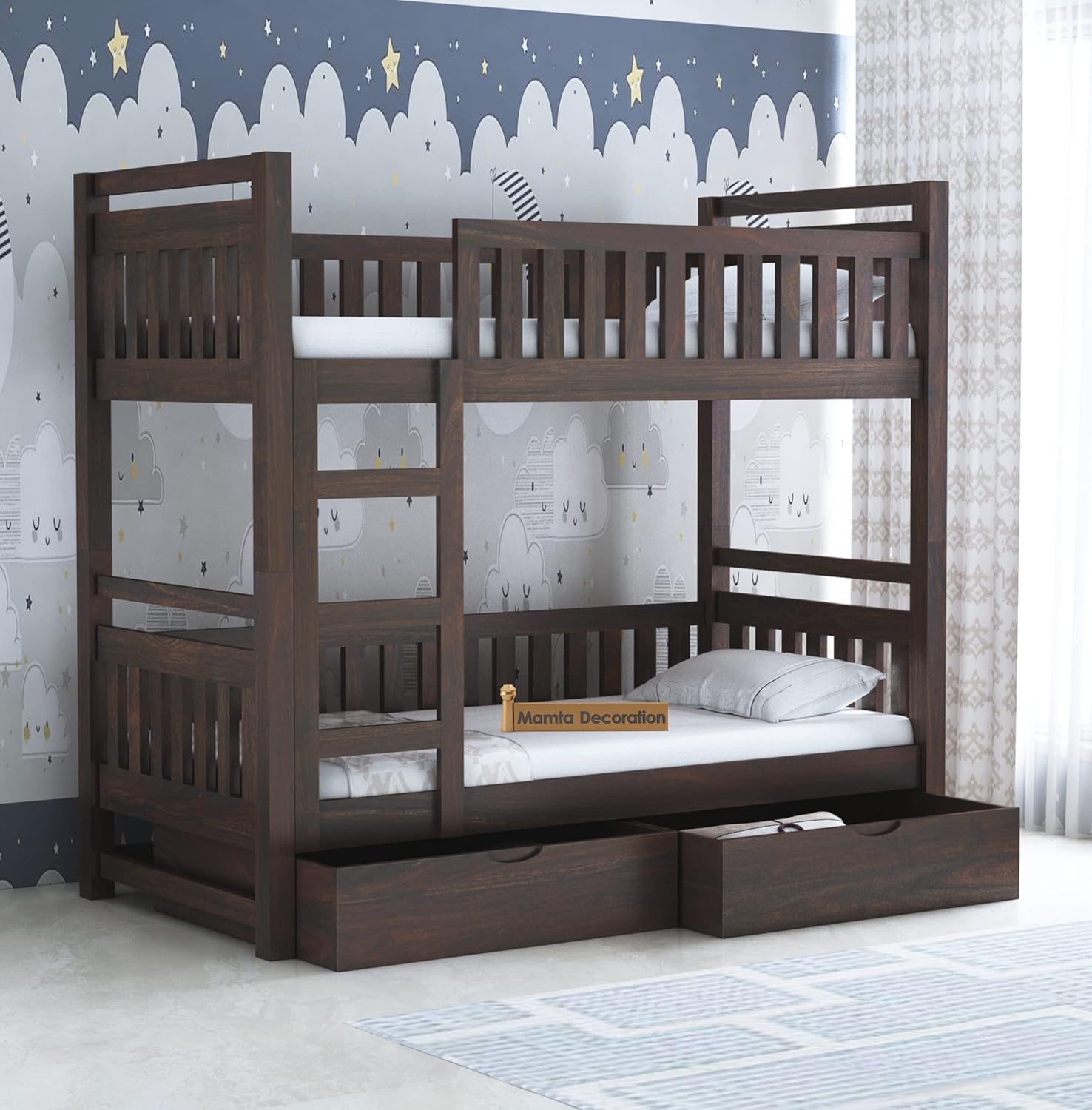 STRATA FURNITURE Sheesham Wood Bunk Bed with 2 Drawer Storage Wooden Double Bed Furniture for Bedroom Home (Walnut Finish)