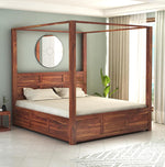 STRATA FURNITURE Solid Sheesham Wood King Size Poster Bed with Storage Wooden Double Bed for Bedroom Living Room Home (Natural Finish)