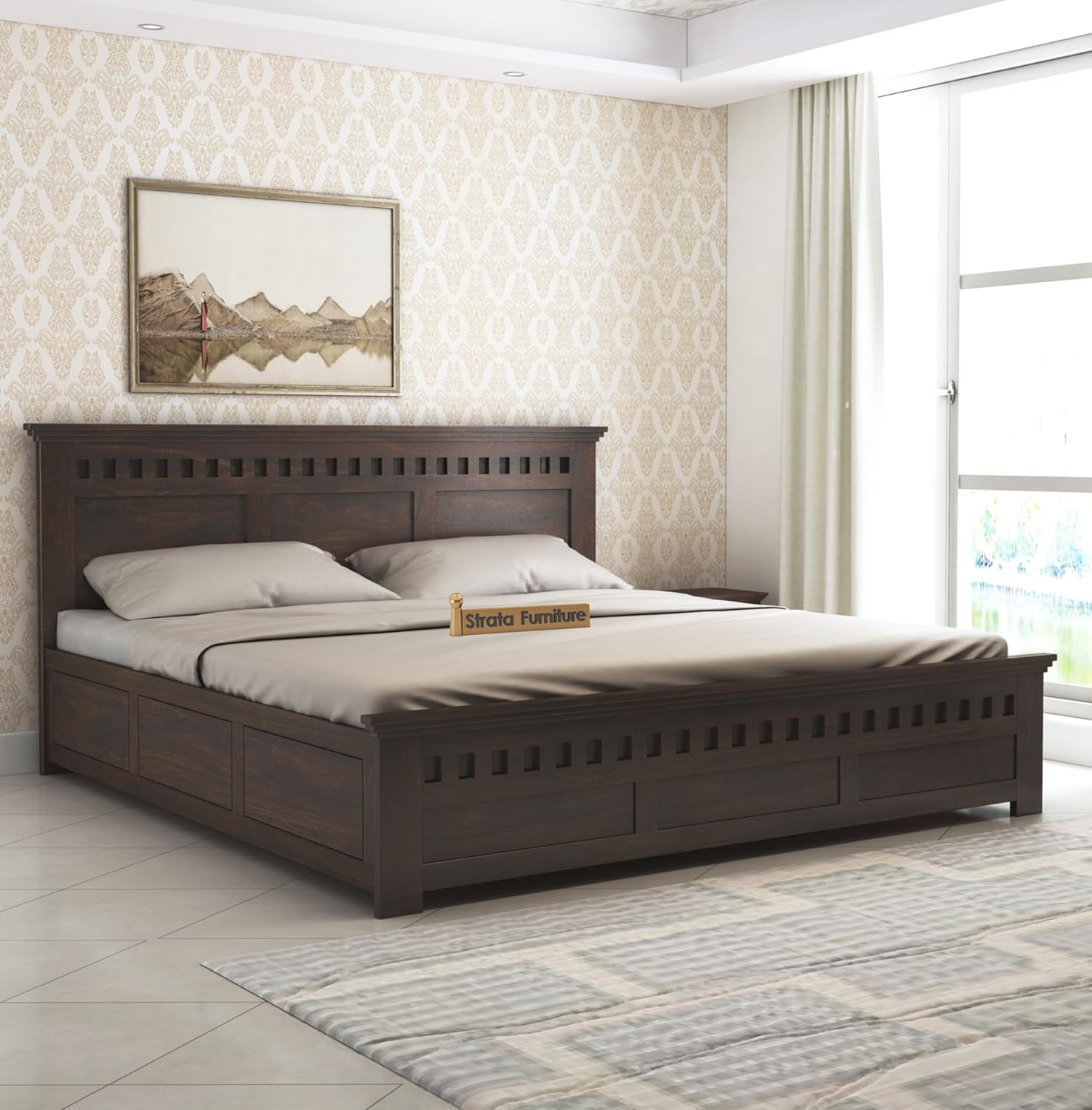 STRATA FURNITURE Solid Sheesham Wood King Size Bed with Box Storage | Wooden Double Bed Cot Palang Furniture for Bedroom Living Room and Home (Honey Finish)