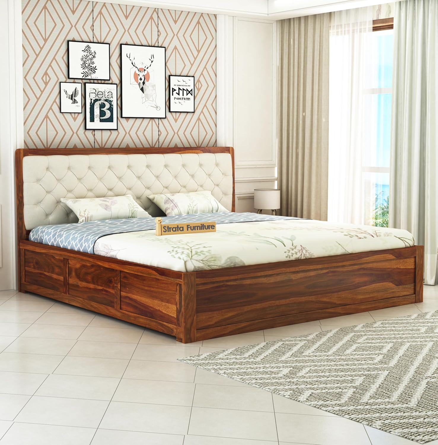 STRATA FURNITURE Sheesham Wood King Size Bed with Box Storage Solid Wood Cot Palang Wooden Double Bed Furniture for Bedroom Living Room (Honey Finish)
