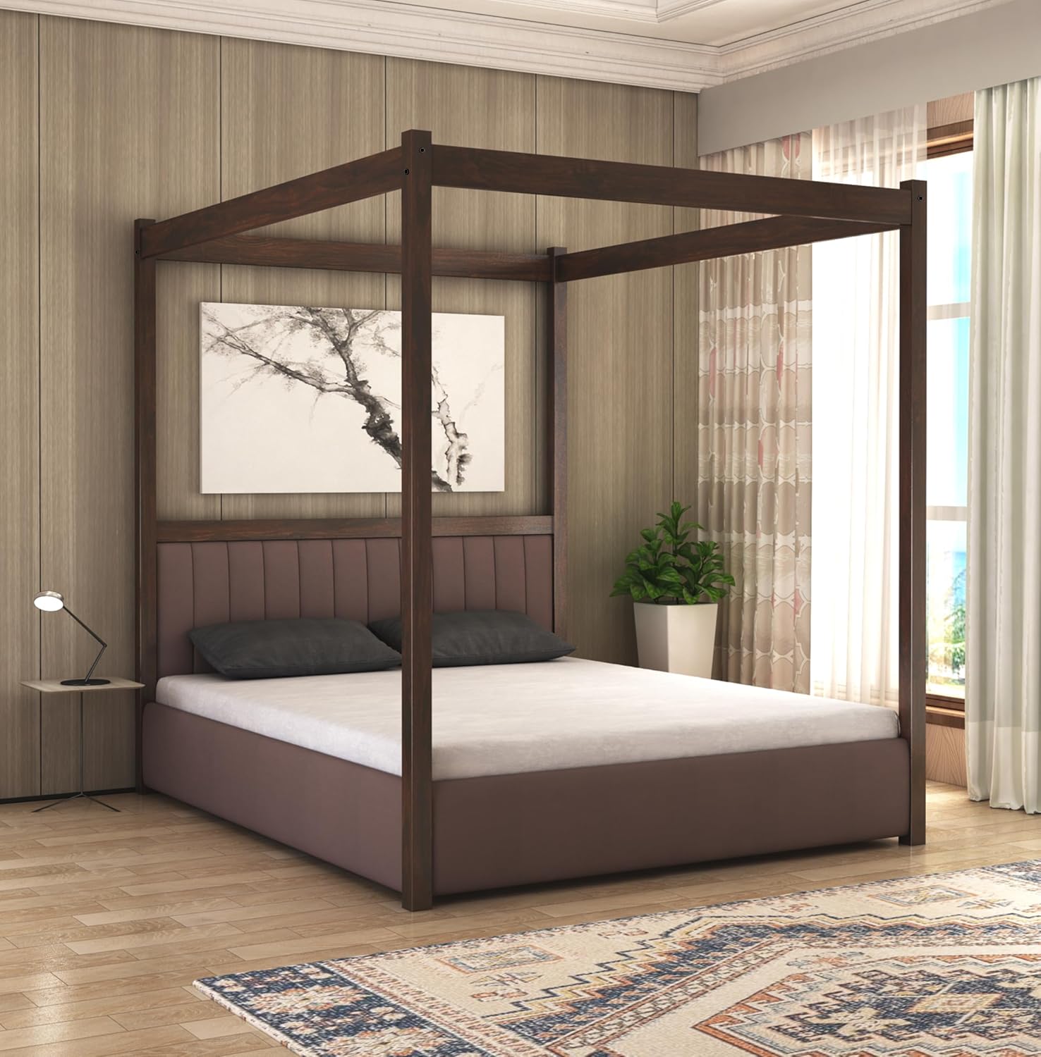 STRATA FURNITURE Solid Sheesham Wood King Size Poster Bed With Box Storage Wooden Upholstered Double Bed For Bedroom Living Room Home (Walnut Finish)