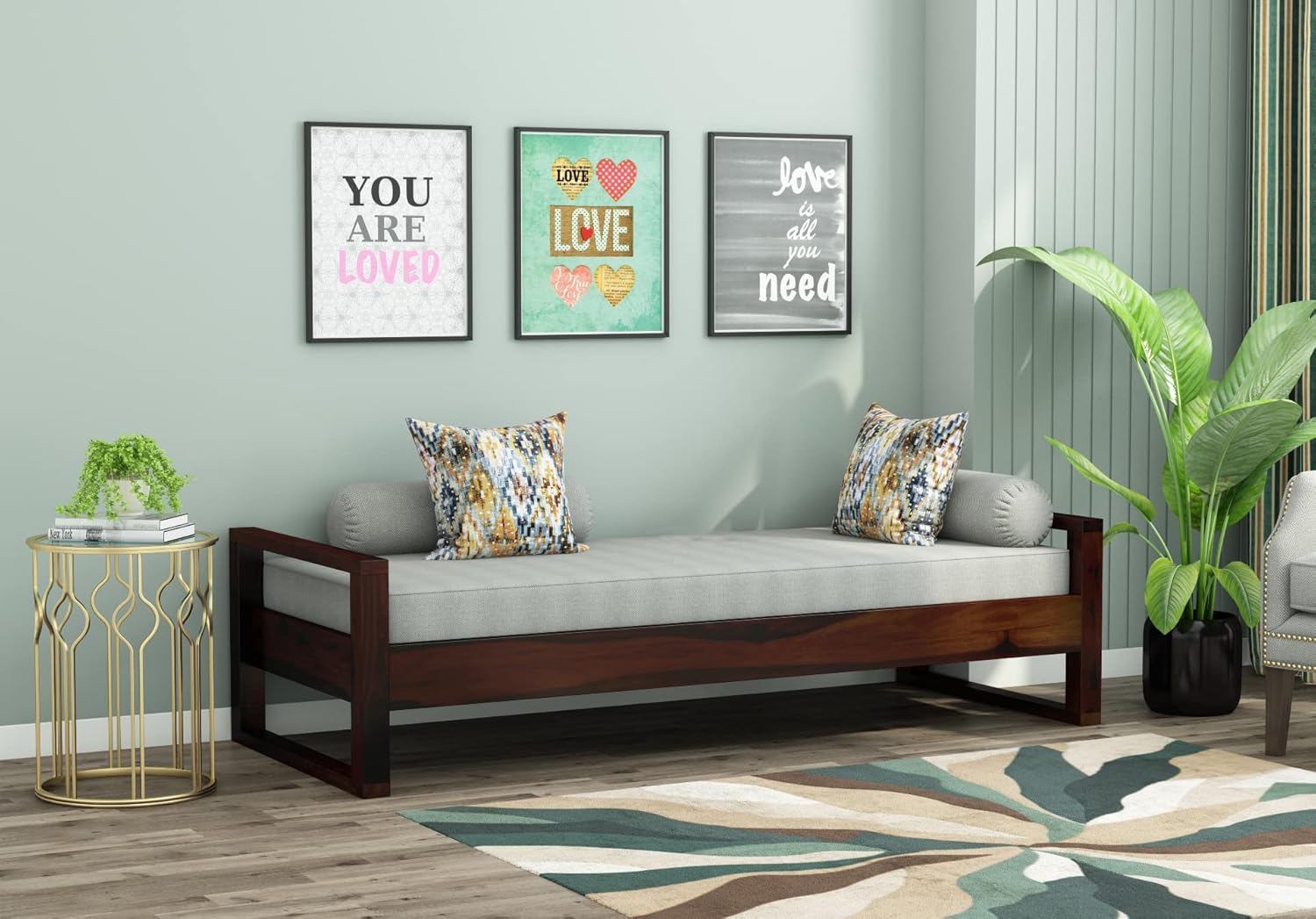 STRATA FURNITURE Sheesham Wood 3 Seater Diwan Bed For Bedroom Living Room (Walnut Finish), Single